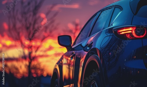An illustration featuring a blue SUV car parked with a scenic sunset backdrop, showcasing the vehicle's back view in a captivating setting © Lars