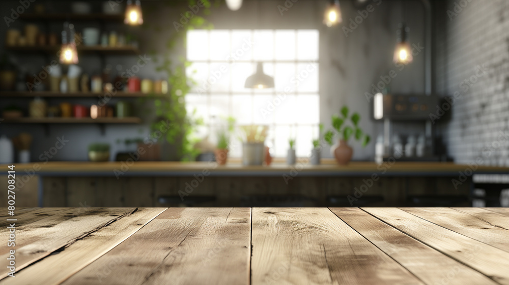 Wooden table with blurred kitchen background Wooden table with blurred kitchen background