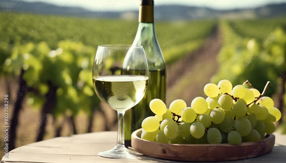 green grapes, white wine and one bottle of white wine vineyards in the background
