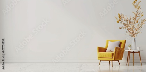 yellow chairs on white wall background with copy space and green plants beside