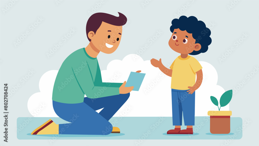 A parent and child using roleplaying to practice and improve certain social skills such as initiating conversations or making eye contact.. Vector illustration