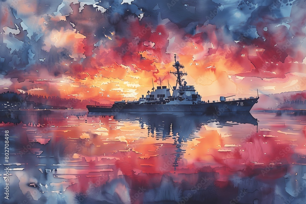 Fototapeta premium Majestic Warship at Sunset in Calm Waters Captured in Vibrant Watercolor Symbolizes Strength and Remembrance on Memorial Day 