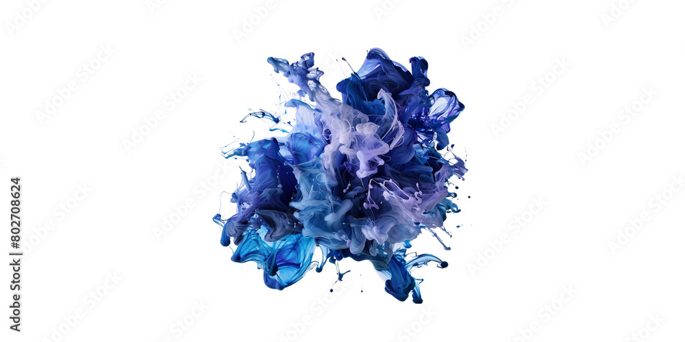 Obraz premium A blue and white water splash, with ink color flowing on the surface of the liquid. The colors blend together to create an abstract shape that resembles a dragon or phoenix. It is set against a pure w