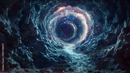 Enigmatic rocky path suspended in space, drawing towards a black hole, a portal to the unimaginable photo