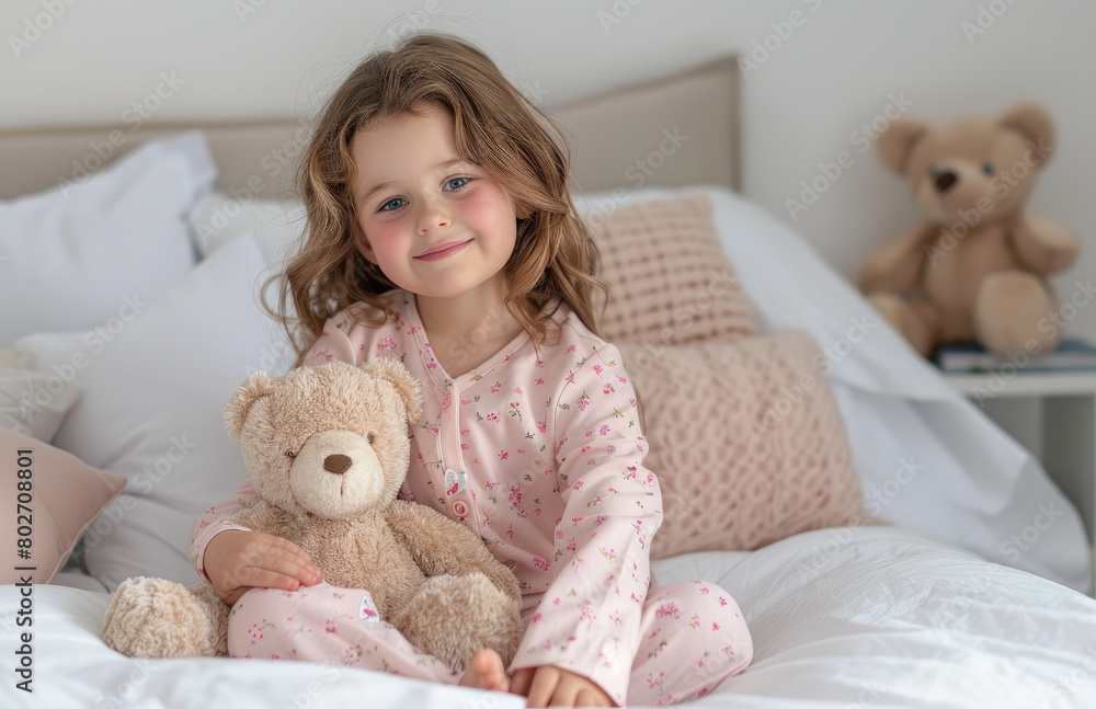 A happy little girl wearing pajamas sitting on the bed in her bedroom holding and cuddling with plush toy bear, pink pastel colors