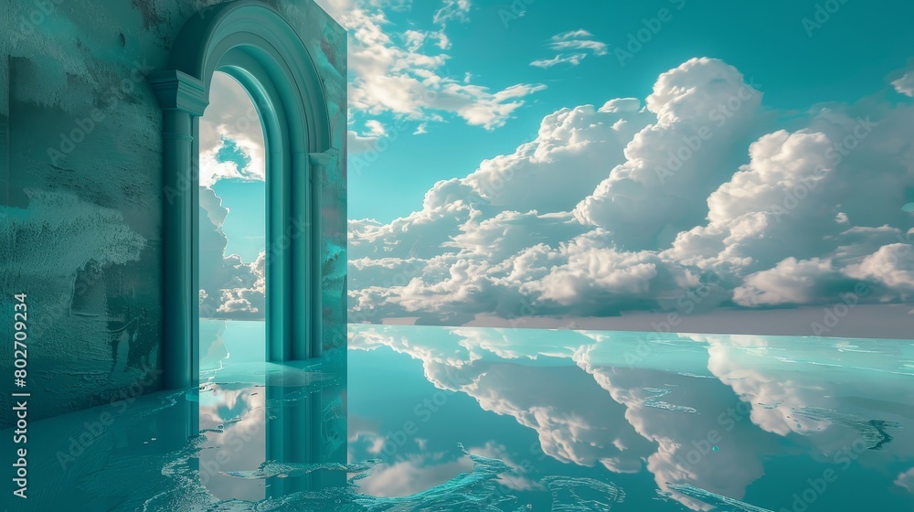 Teal doorway leading to a dreamlike vista of clouds and a mirror-like lake, enhancing the landscape with a youthful yet tranquil teal hue