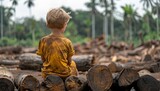 A sad little boy sits on a pile of felled tree trunks on the site of the former forest.