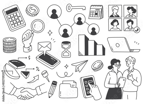 set of hand drawn business concept doodle icons 