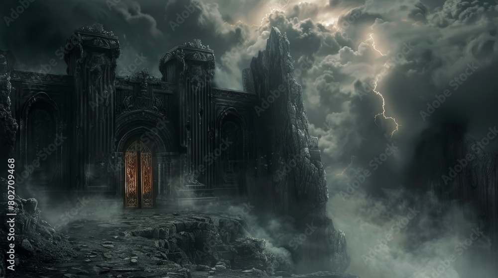 Terrifying gates of hell, smoky with the cries of souls, contrasted with the inviting doors of heaven, both set in a misty, dark landscape Terrifying gates of hell, smoky with the cries of souls, contrasted with the inviting doors of heaven, both set in a misty, dark landscape