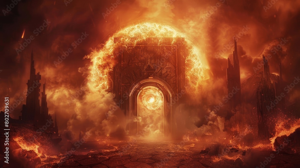Terrifying vision of a hell gate, with a door covered in shadows and surrounded by fire, embodying fear and the unknown Terrifying vision of a hell gate, with a door covered in shadows and surrounded by fire, embodying fear and the unknown