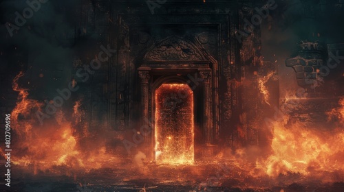 Terrifying vision of a hell gate, with a door covered in shadows and surrounded by fire, embodying fear and the unknown