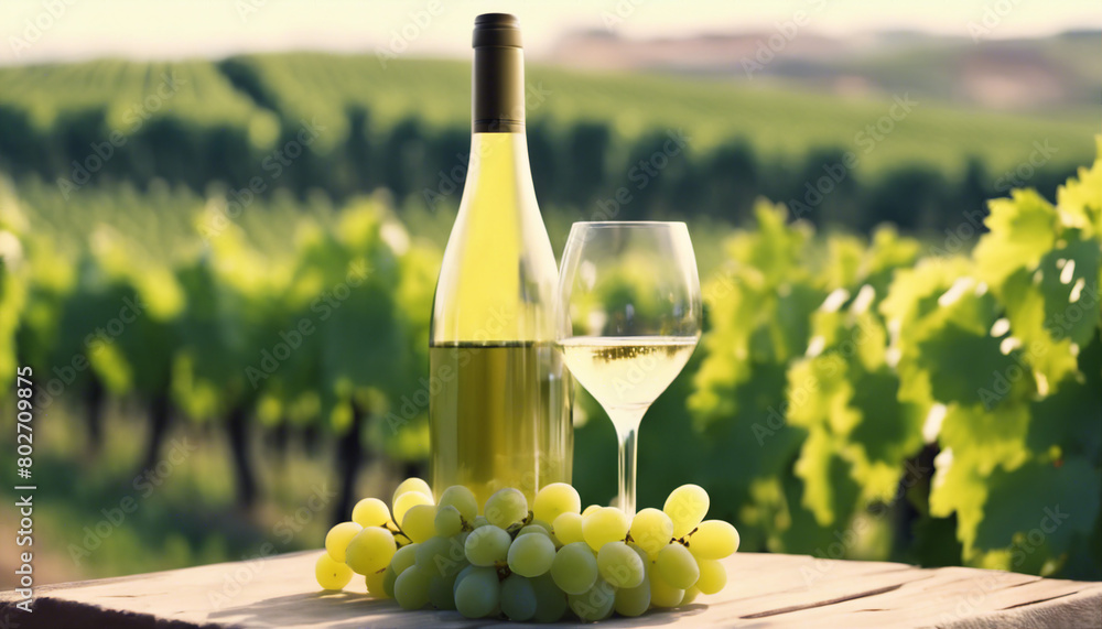 Fototapeta premium green grapes, white wine and one bottle of white wine vineyards in the background 