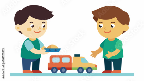 Two boys huddled together quietly negotiating the trade of a shiny new toy car for a sy but wellloved train set.. Vector illustration