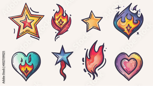Set of y2k flame elements, star, fire and heart shape. Tattoo art hand drawn stickers. Aesthetic of 90s, 2000s. Vector isolated illustration.