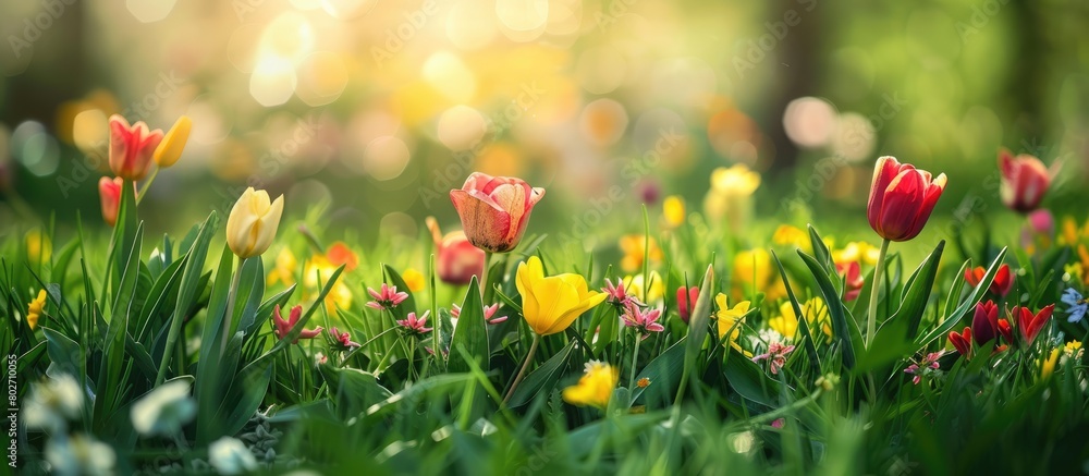 Spring field adorned with bright flowers, natural backdrop Spring field adorned with bright flowers, natural backdrop