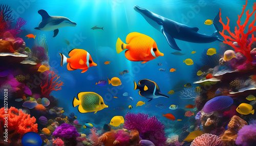 A digital painting of diverse marine life in an underwater scene, with vibrant coral reefs and swaying seaweed