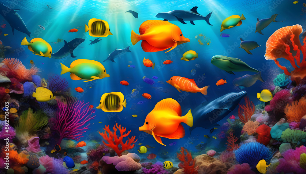Fototapeta premium marine animals in their natural habitat, with vibrant coral reefs 