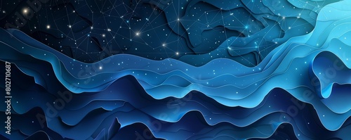 A starry night sky where constellations are connected by fine, silver threads against a dark paper backdrop, in paper art style concept photo
