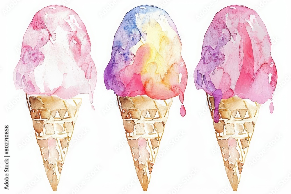 A watercolor painting of a clean, cute ice cream cone with three flavors, kawaii, Clipart isolated on white background A watercolor painting of a clean, cute ice cream cone with three flavors, kawaii, Clipart isolated on white background