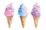 A watercolor painting of a clean, cute ice cream cone with three flavors, kawaii, Clipart isolated on white background