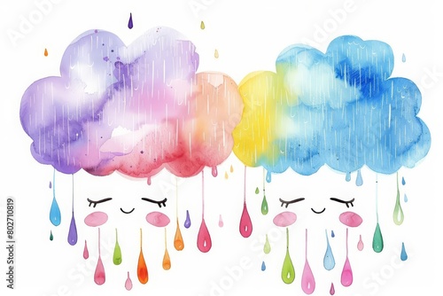 A watercolor painting of a kawaiistyle cloud with colorful rain, so cute, Clipart isolated on white background photo