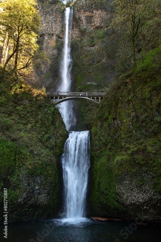 Vertical image of the iconic Multnomah falls near Portland Oregon along the Columbia river gorge