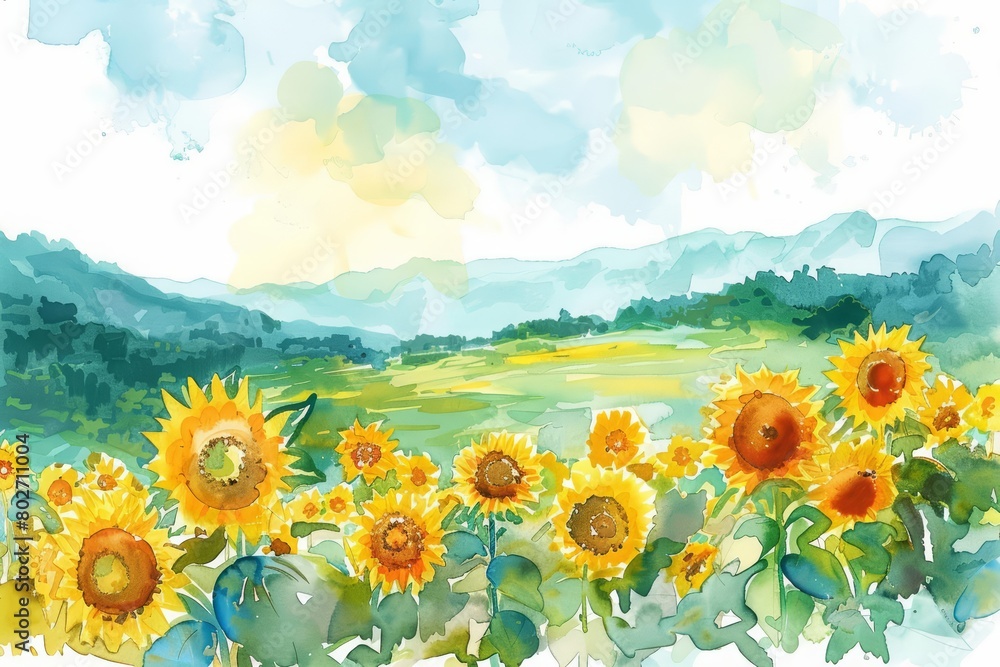 A watercolor painting of a simple sunflower field under a clear sky, be nice, Clipart isolated on white background