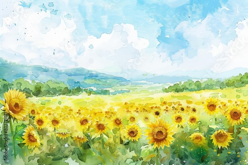 A watercolor painting of a simple sunflower field under a clear sky, be nice, Clipart isolated on white background