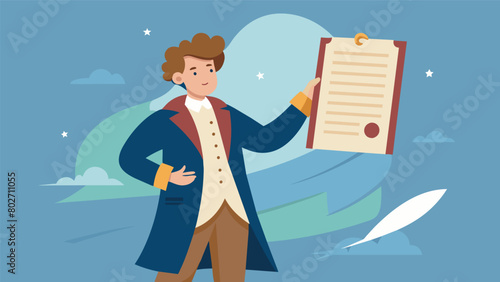 A guide holding up a replica of the Declaration of Independence explaining the events that led to its creation and its significance to the birth of. Vector illustration