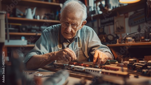 An elderly gentleman adjusts his glasses as he examines a detailed model railway