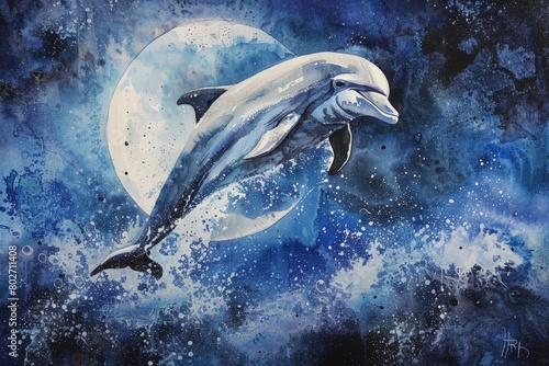 Watercolor painting of a dolphin on a full moon night. Dolphins are a species similar to whales. But smaller
 than a whale. Mostly found in seas and oceans or rivers. Use for wallpaper photo