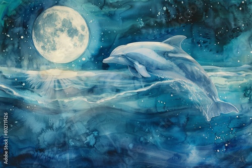 Watercolor painting of a dolphin on a full moon night. Dolphins are shaped like fish, with fins and a tail,
 but dolphins are not fish. Because it is a mammal that has a placenta. Use for wallpaper. photo