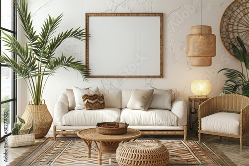 Cozy nomadic touches complement the mockup frame in a bohostyle living room, blending textures and warmth, 3D render sharpen photo