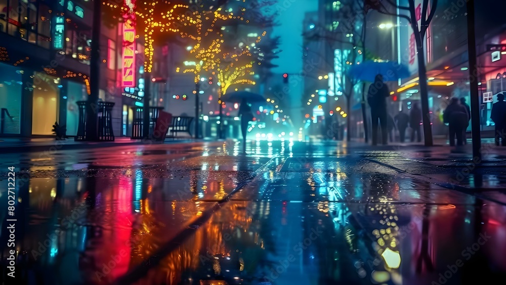 Dark city street with neon lights wet pavement and abstract figures . Concept Cityscape, Neon Lights, Wet Pavement, Abstract Figures