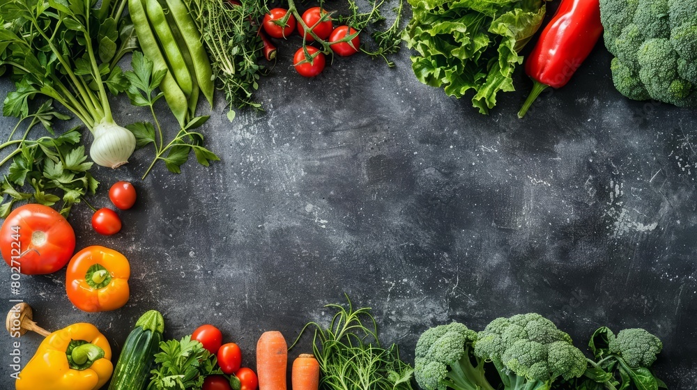 Creative flat lay template of freshly picked organic vegetables from the local farm, with solid background and copy space on center Creative flat lay template of freshly picked organic vegetables from the local farm, with solid background and copy space on center