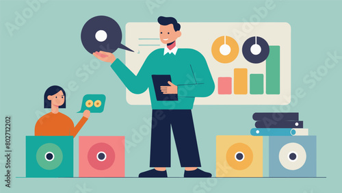 The teacher discusses the history of vinyl records and their popularity before the advent of digital music. Vector illustration