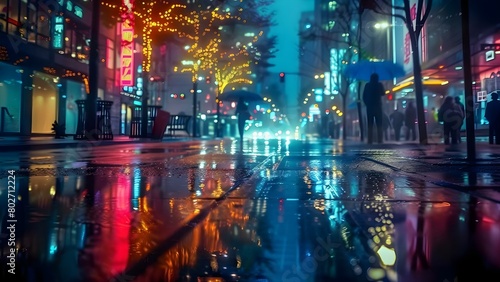 Dark city street with neon lights wet pavement and abstract figures . Concept Cityscape  Neon Lights  Wet Pavement  Abstract Figures