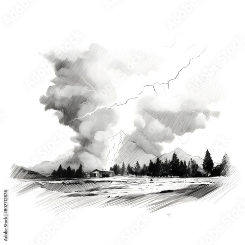 Strokes of cloud to ground lightning strike, Lightning between clouds and ground sketch drawing, contour lines drawn PNG