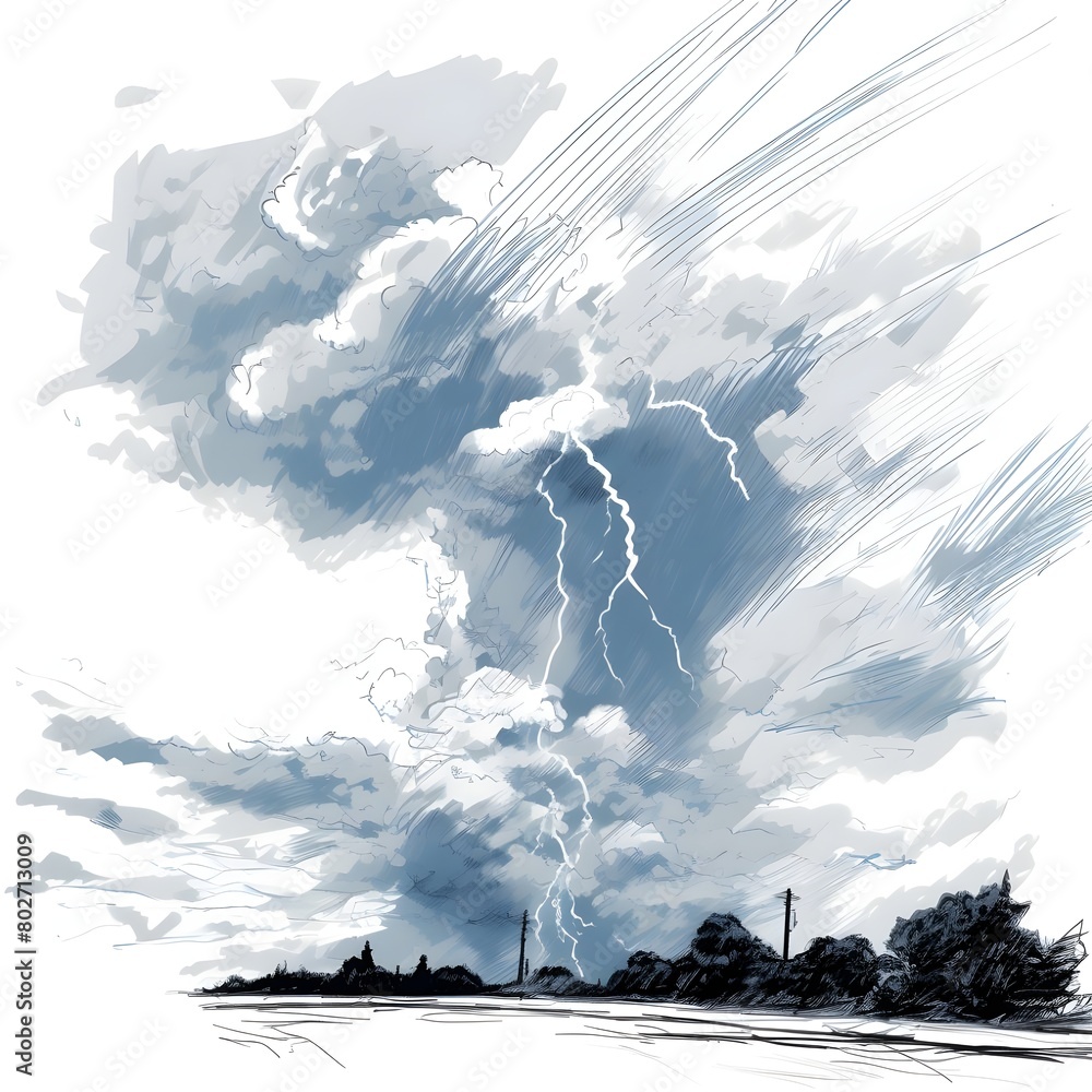 Fototapeta premium Strokes of cloud to ground lightning strike, Lightning between clouds and ground sketch drawing, contour lines drawn PNG