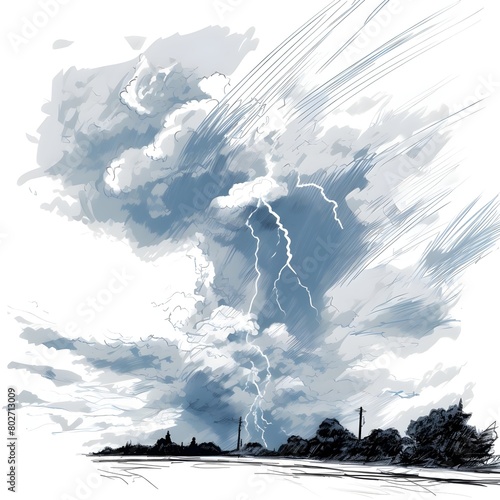 Strokes of cloud to ground lightning strike, Lightning between clouds and ground sketch drawing, contour lines drawn PNG