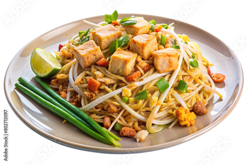 Isolated Plate of Pad Thai: A plate of Pad Thai isolated on a transparent background, featuring stir-fried rice noodles, tofu or shrimp, bean sprouts, peanuts, and lime wedges, perfect for Thai