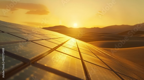 Solar panels stretch across a vast desert  capturing the golden rays of the sun to harness renewable energy  Sharpen close up hitech concept with blur background