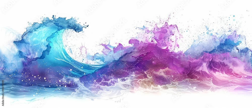 The cyber watercolor painting shows a scene of digital waves crashing against a quantum shore