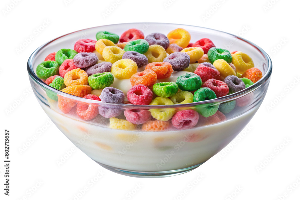 Isolated Bowl of Cereal: A bowl of breakfast cereal isolated on a transparent background, featuring milk and colorful cereal flakes, great for breakfast menus and cereal box illustrations.
