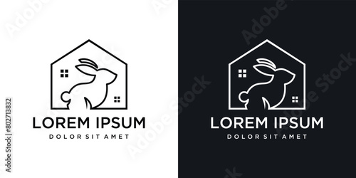 rabbit house logo design vector. house and rabbit vector logo icon in line style