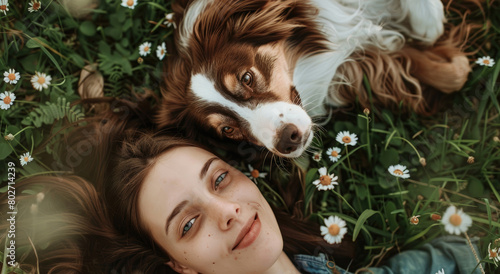 A beautiful woman with long brown hair laying on the grass next to her border collie dog  smiling at the camera  top view  spring time  flowers  green field