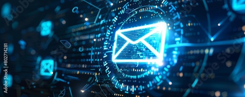 The process of email segmentation is depicted on a futuristic interface, enhancing personalized customer communications, hitech cyber look sharpen close up with copy space photo