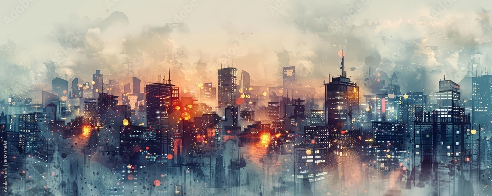 This cyber watercolor painting captures the eerie stillness of a modern ghost town at twilight, Clipart isolated on white background strange style hitech ultrafashionable This cyber watercolor painting captures the eerie stillness of a modern ghost town at twilight, Clipart isolated on white background strange style hitech ultrafashionable
