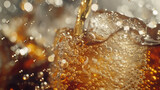 A detailed shot of sparkling cola being poured into a glass with ice, capturing the bubbles and fizz