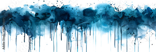 Teal and turquoise watercolor paint drip on transparent background. photo